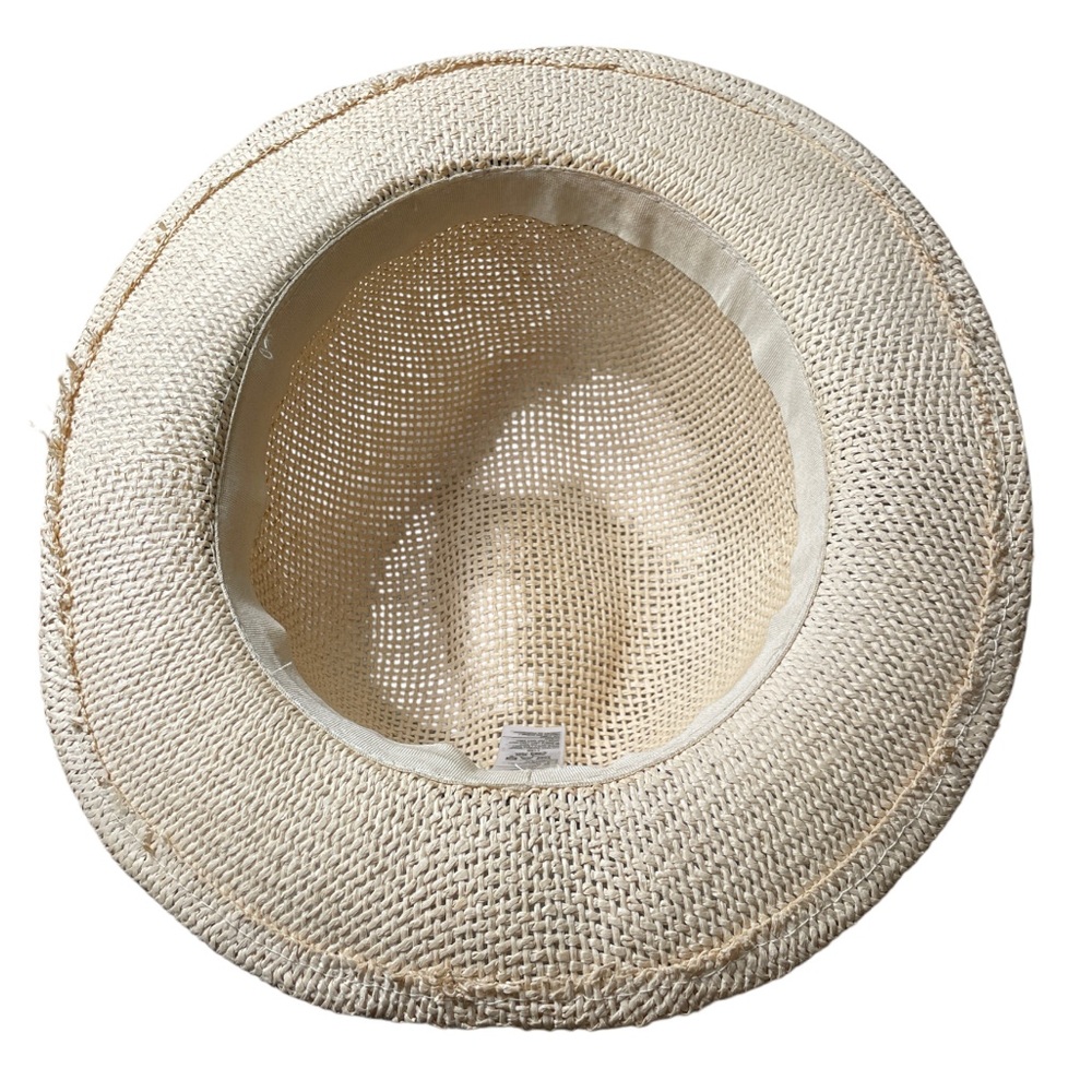Old Navy Straw Hat Fedora Style Natural Tan Unisex Attached Brown Ribbon Band OS - Picture 5 of 6
